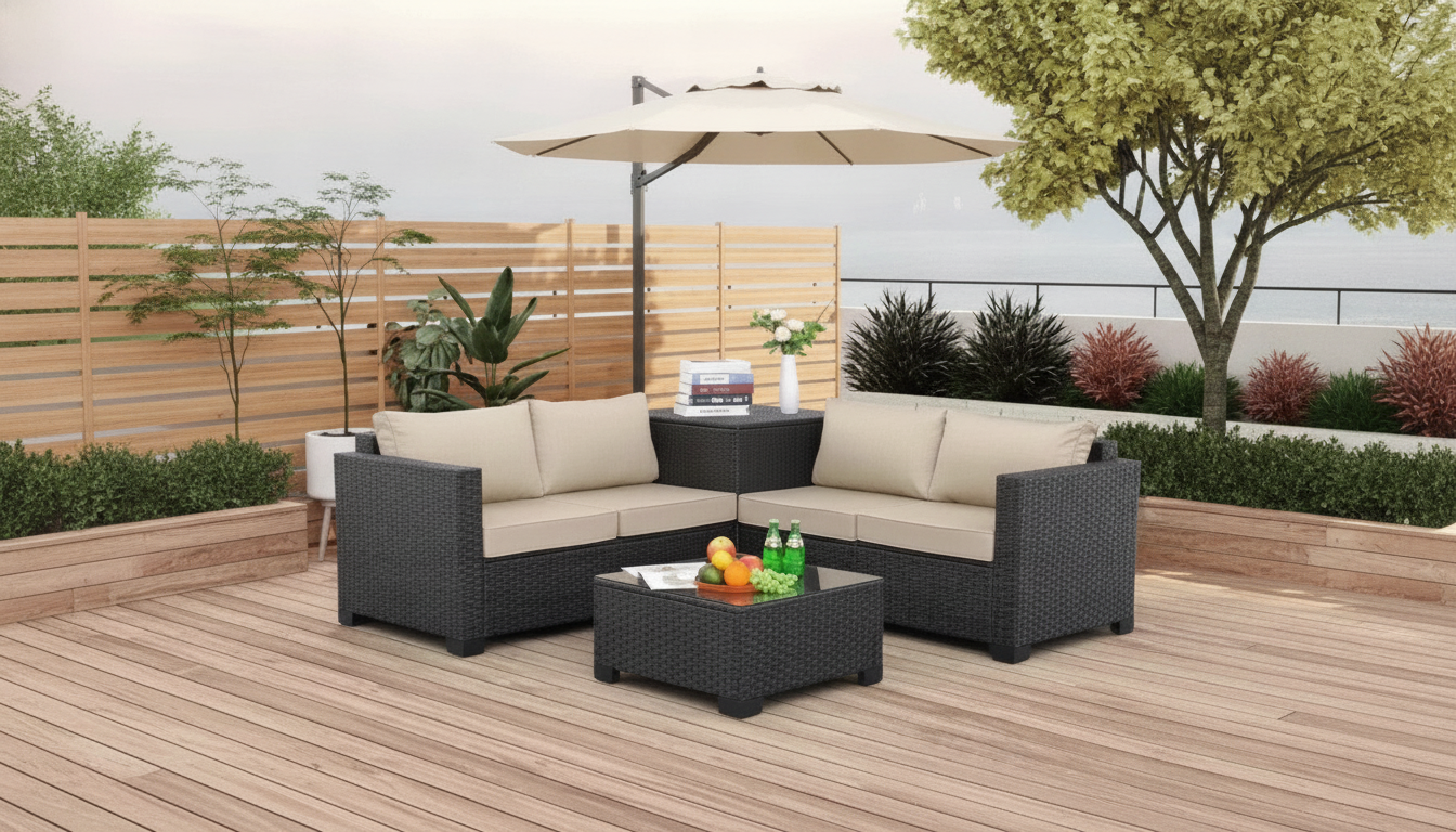4-Piece PE Wicker Patio Set with Storage Table & Cushions