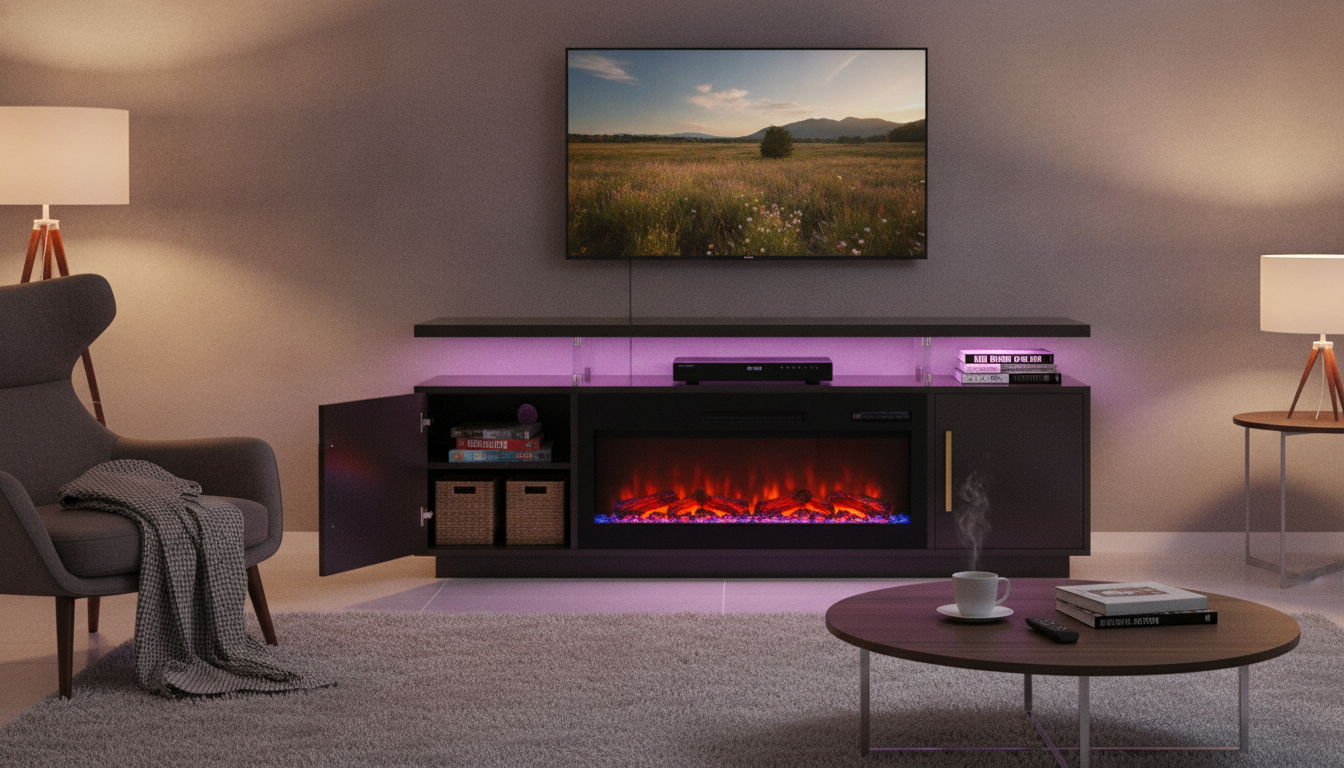 70″ TV Stand with LED Lights & Electric Fireplace Combo