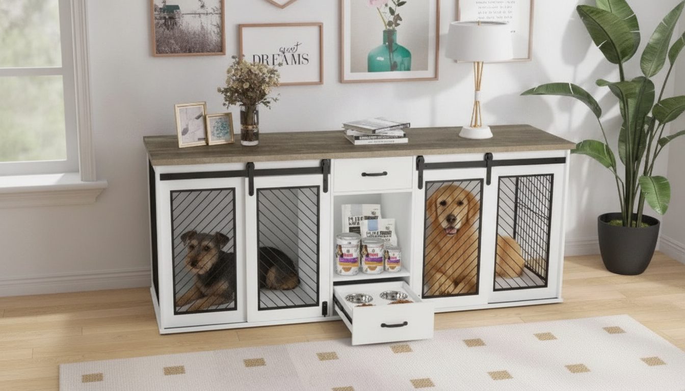 85-Inch Double Dog Crate Furniture: Sliding Doors + Drawer