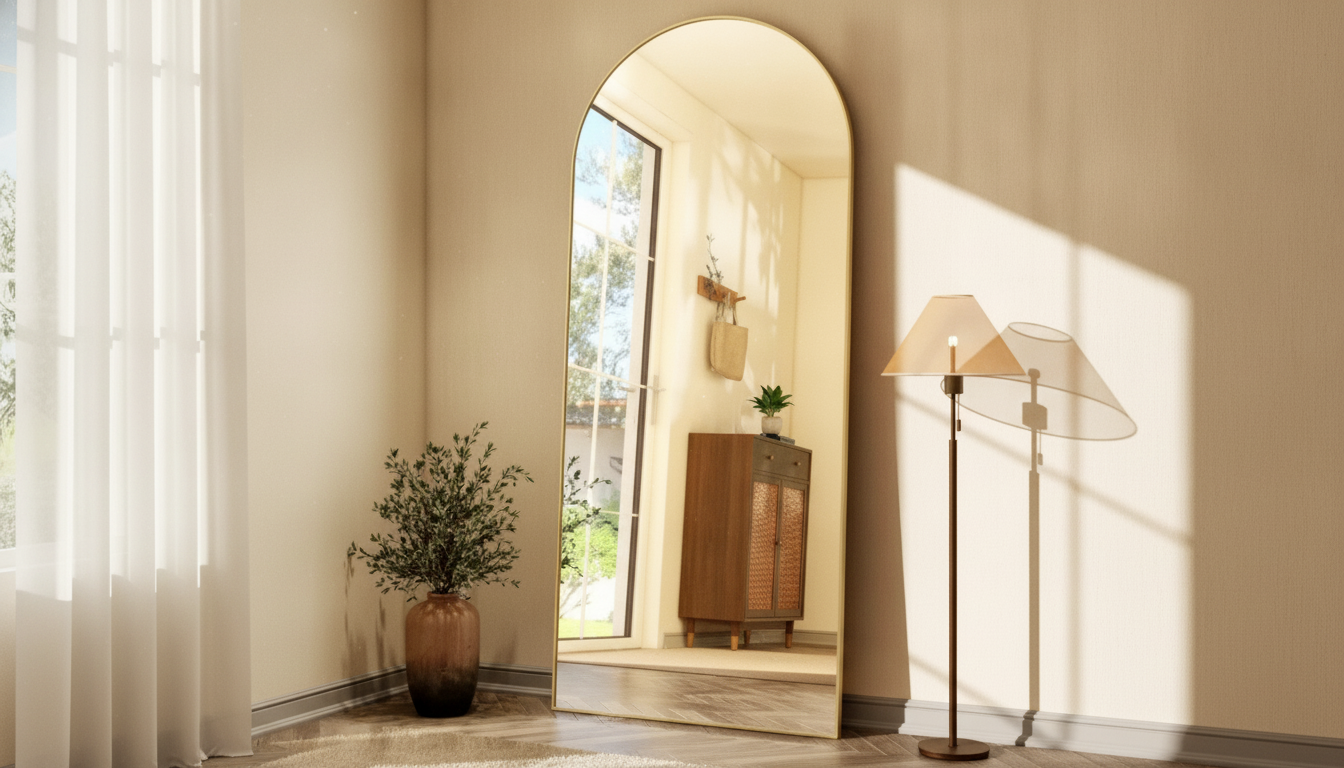 Modern Large Arched Floor Mirror: Aluminum Frame, Safe Glass