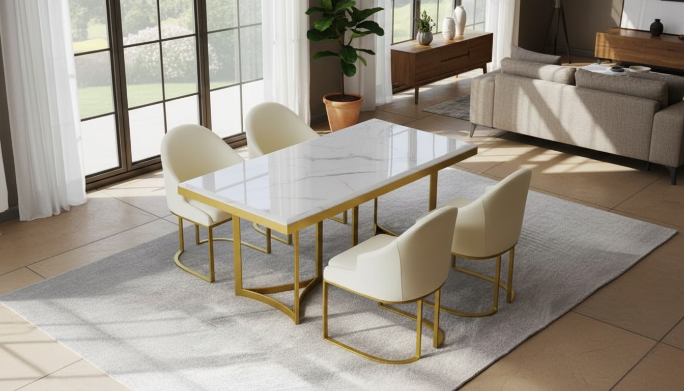 White Marble Dining Table for 6 with Gold Trestle Base