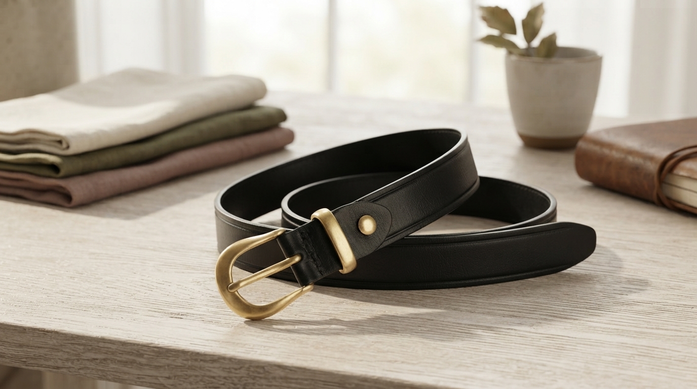 Slim Cowhide Belt with Brass Buckle (0.95-Inch)